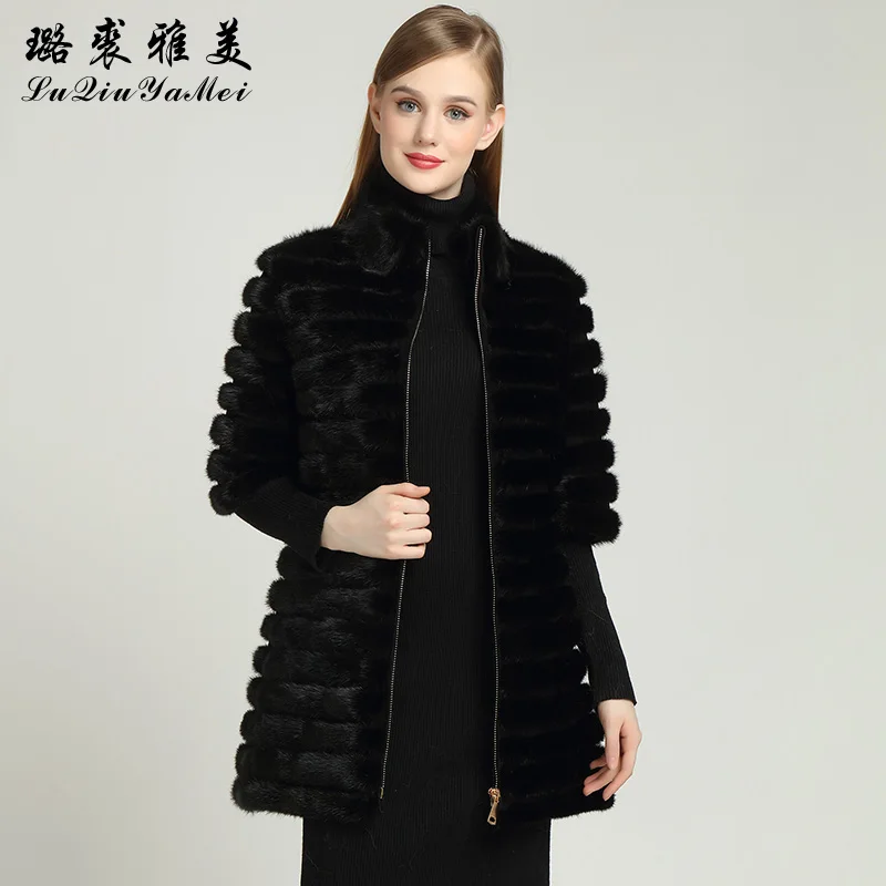 Black Real Mink Fur Coat with Zipper Natural Mink Coats for Women Genuine Mink Coat Russian Winter Warm Women's Fur Jackets