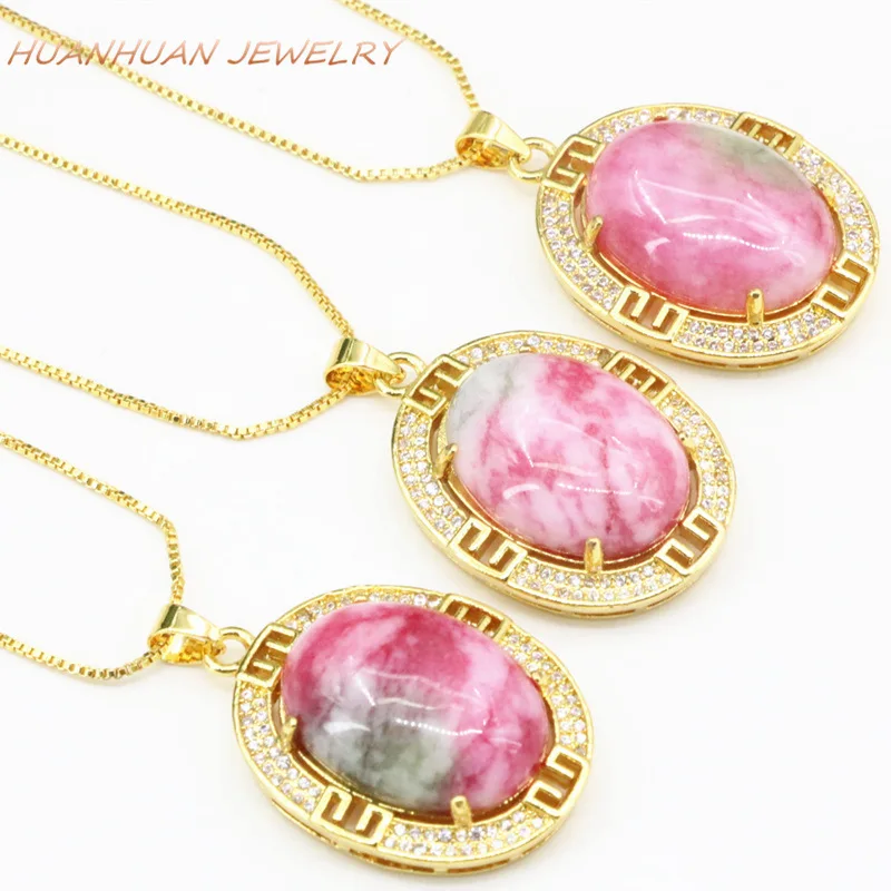 Exquisite 22x30mm Drop Stone Pendant Chain Natural Jades Necklace Pendants For Women Stainless Steel Zircon Lucky Jewelry B3344