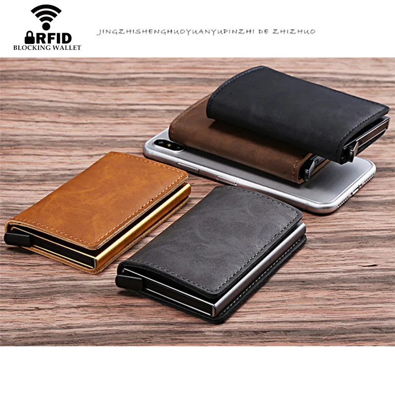 Hot Koop RFID Card Bescherming mannen Lederen Card Case Mini Portemonnee RFID Blokkeren Aluminium ID Credit Card Houder Voor man