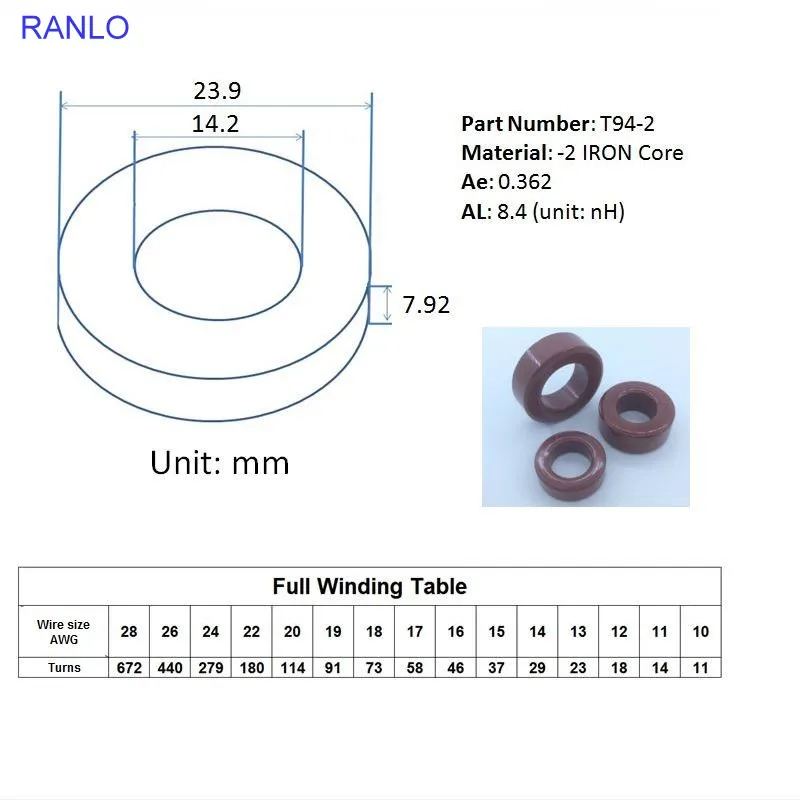 5pcs T94-2 Iron Powder Toroidal Core Ferrite Ring Core AL=8.4