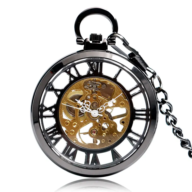 Classic Trendy Hand-winding Pocket Watch Steampunk Pendant Black Case Mechanical Clock Men Women Fob Chain Birthday Xmas Gift