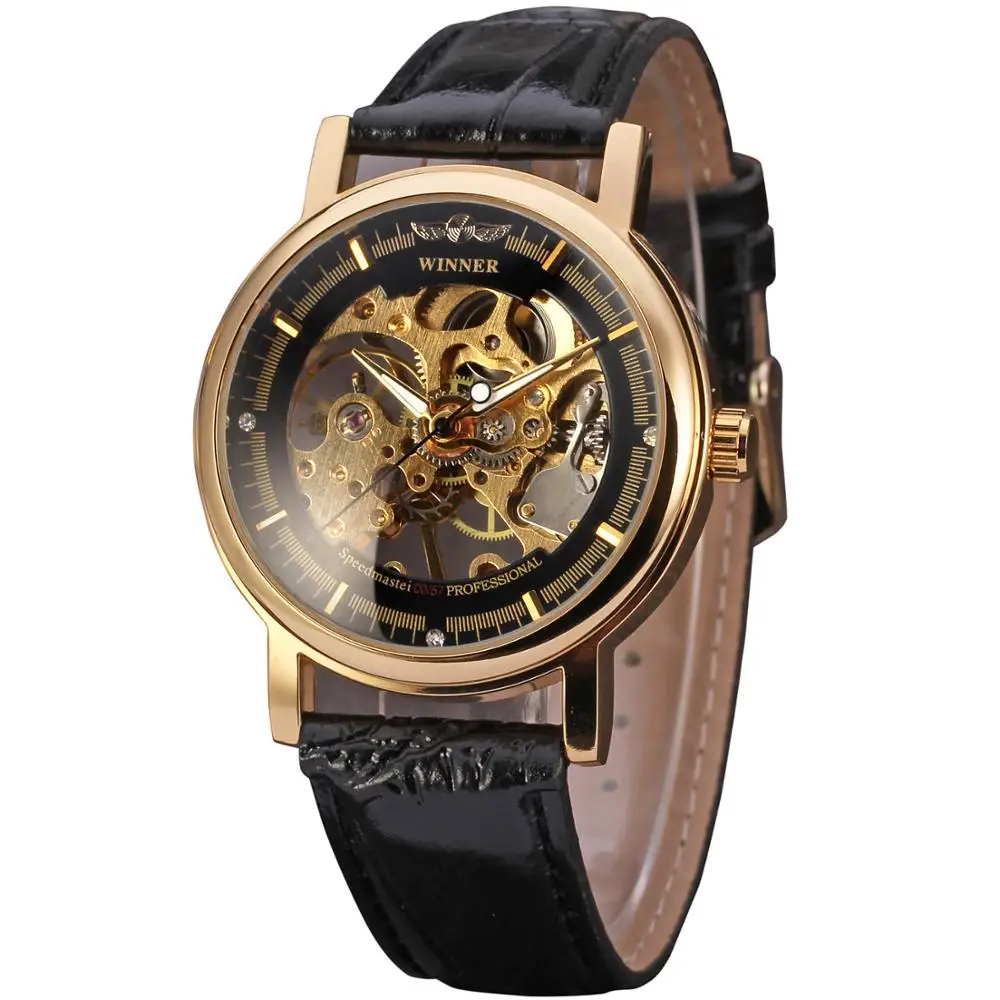 

T-WINNER WATCH golden and black surface unique pointer digital dial black leather strap men's mechanical watch