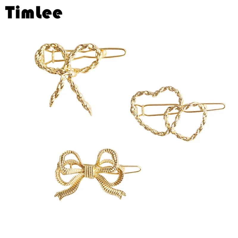 Timlee H090 Contracted Sweet Hollow Out Thread Bow Heart Metal Hairpin Hair Clip Fashion Hair Accessories Gift Wholesale