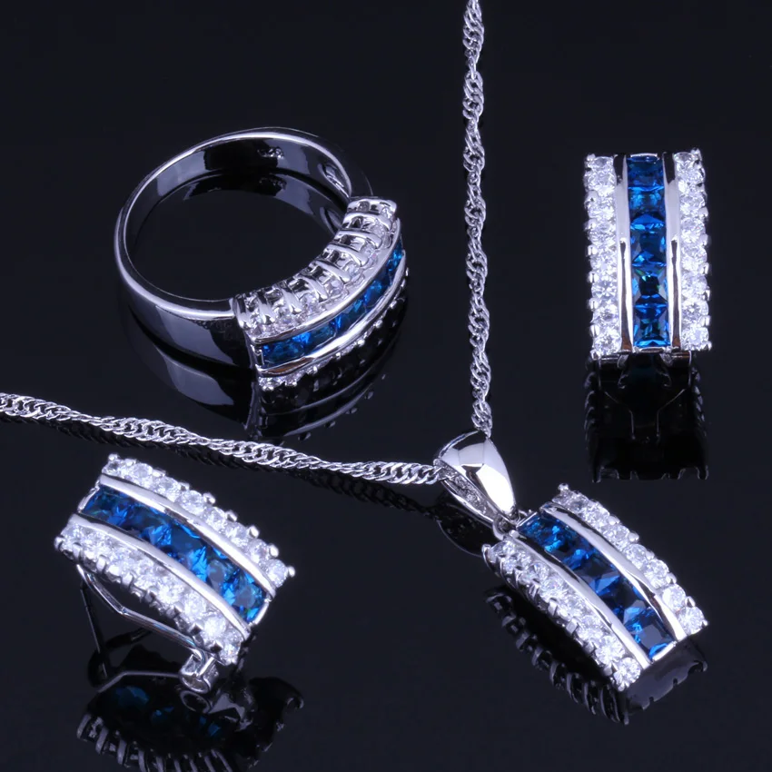 Gracious Blue Cubic Zirconia White CZ Silver Plated Jewelry Sets Earrings Pendant Chain Ring V0005