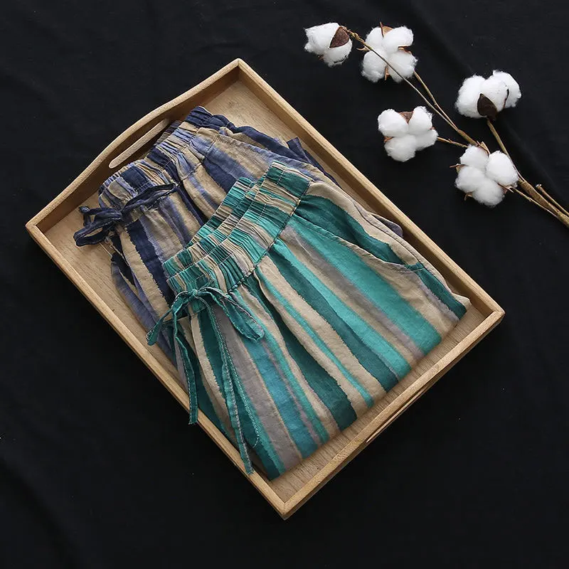 2022 Summer Fashion Women Pants Loose Casual Elastic Waist Striped Harem Pants Vintage Cotton Linen Ankle-length Pants D125