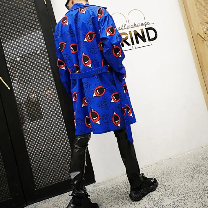 New Personality Printed Blue Men Windbreaker Medium Long Coat Korean Trench Coat Nightclub Male Singer Hair Stylist Tide Jacket