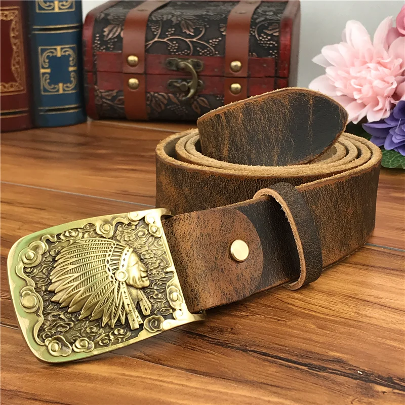 Mosiężny wódz Indian klamry pasa skórzany pasek mężczyźni Ceinture Homme żółty pasek mężczyźni męski pasek szeroki pasek do jeansów MBT0424