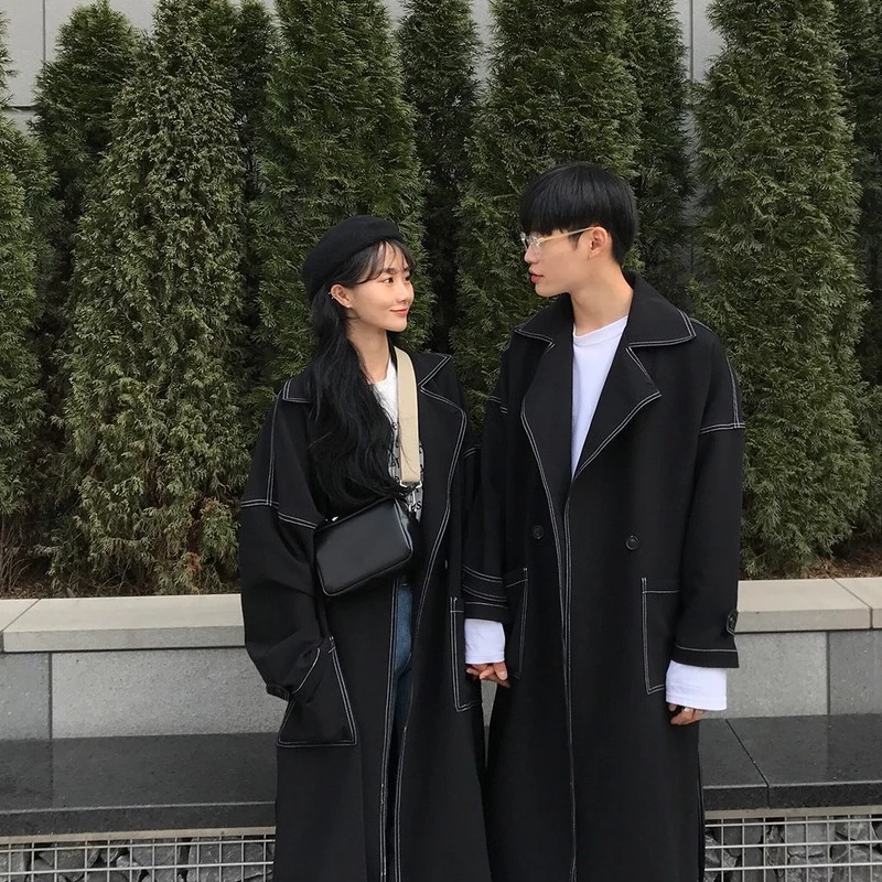 

Spring and autumn long style over the knee couples wear trench coat men and women's coats with a loose black.