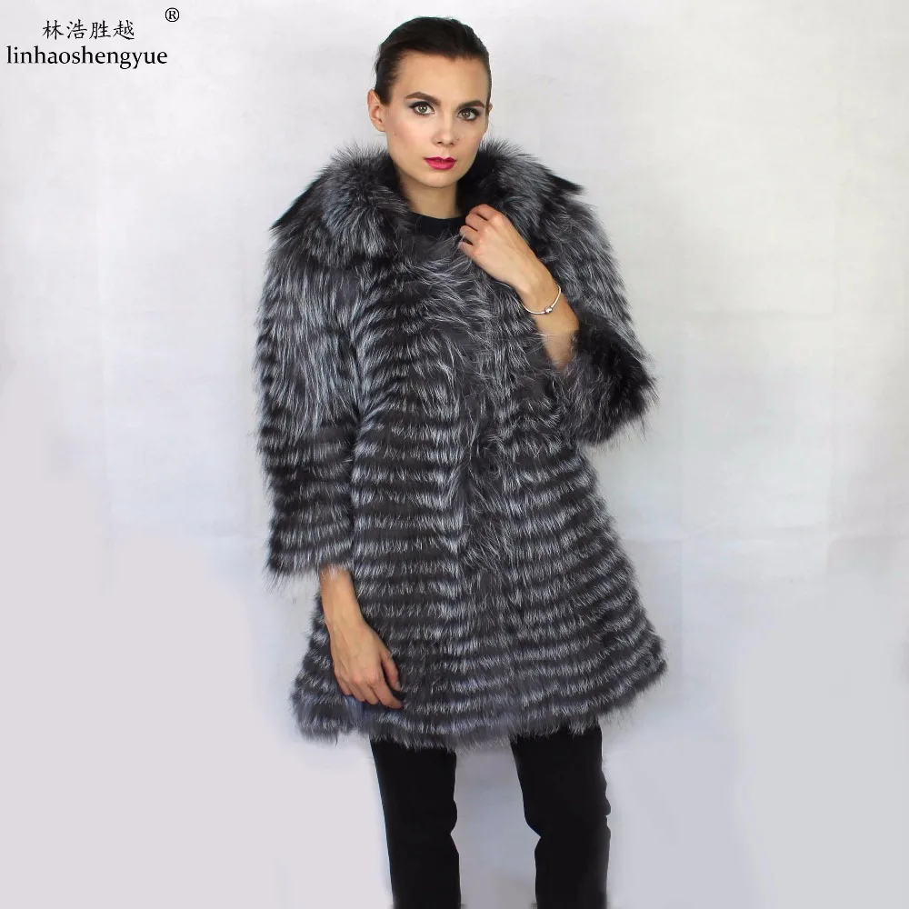 

Linhaoshengyue Fox Lithium Plus Long 90cm Long Fur Coat Lapels,Real Silver Fox Fur Coat ,Winter Warm Women