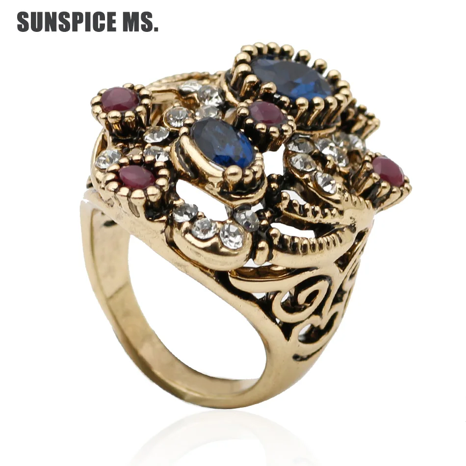 Promotion Turkish Women Vintage Ring Resin Finger Jewelry Antique Color Ethnic Hollow Flower Bridal Wedding Rings Indian Bijoux