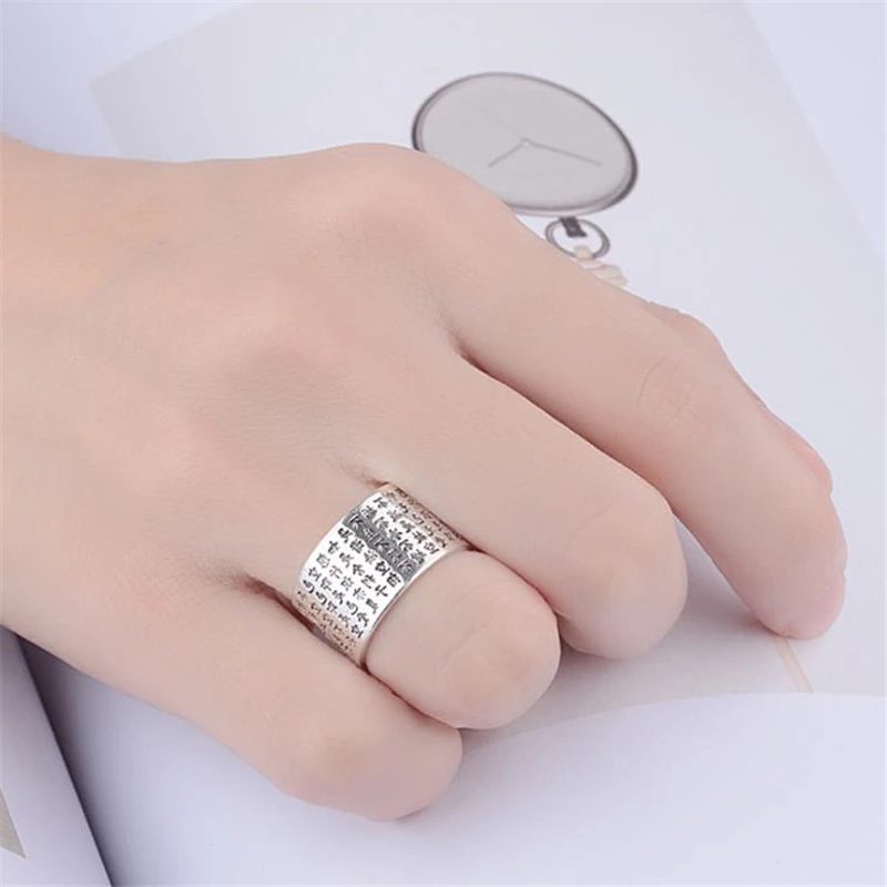 KOFSAC Vintage Jimat Buddha Sutra Hati Buddha Cincin untuk Pria Wanita Buka Berkat Cincin Thai 925 Sterling Perhiasan Perak