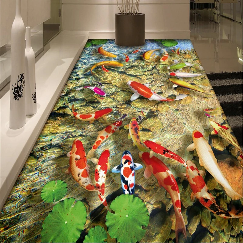 

beibehang Custom photo 3d floor mural self-adhesive wall paste lotus carp bathroom living room 3d floor painting papel de parede