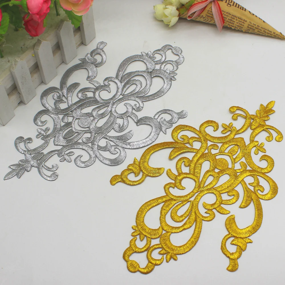 Gold Appliqued Iron On Flower Vintage Diy Trims Shiny Gold Embroidered Patches 25.5cm*16cm