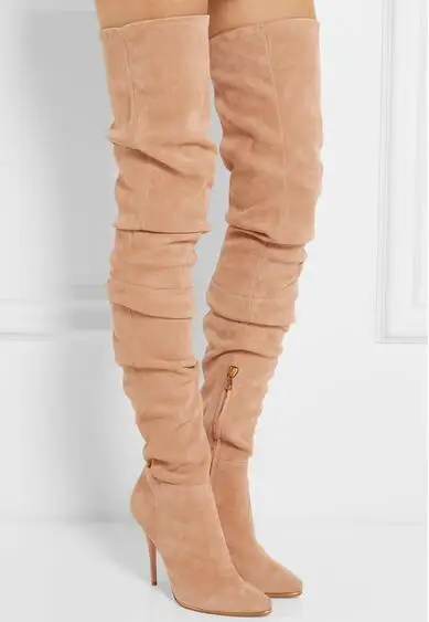 Heißer Verkauf Beige Grau Wildleder Leder Über Das Knie Stiefel Wies Hohe Seite Zipper Enge Hohe Stiefel Frauen Lange stiefel