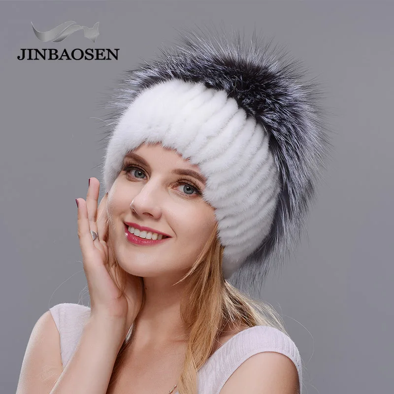 JINBAOSEN Fashion Mink Fur Fox Hat Woman Winter Warm Fox Knitted Hat Woman New Natural Fur And Water drill Ski Hat