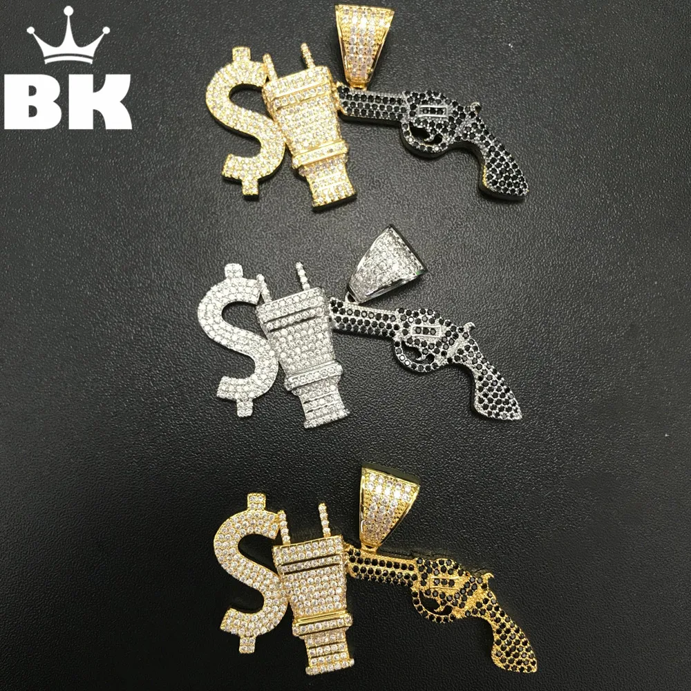 THE BLING KING Mens $ Dollar Electric Power Plug Gun CZ Pendant Shiny Micro Paved White Black Cubic Zirconia 3 Colors Jewelry