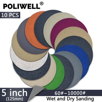 POLIWELL 10 Pcs 5 นิ้ว 125 มม. แผ่นขัด 60 ~ 10000 Grit ซิลิคอนคาร์ไบด์ตะขอและห่วงเปียกแห้งกระดาษทรายกลมรถเครื่องมือขัด