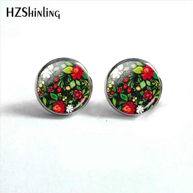 2018 New Polish Folk Art Patterns Earring Flowers Ear Stud Glass Cabochon Photo Earrings Hand Craft Jewelry HZ4