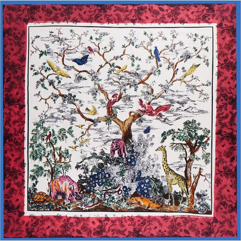 POBING Twill Silk Scarf Women Animals Tree Square Scarves Large Bandana Big Kerchief Hijab Scarf Female Head Scarf Foulard