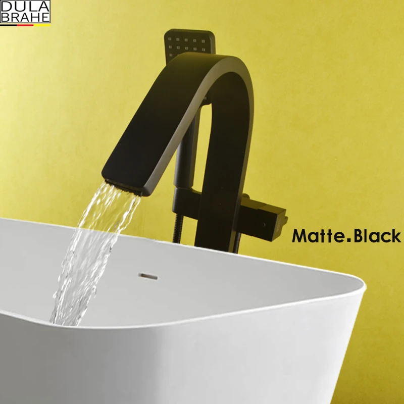 DULABRAHE Black Bathtub Floor Stand Faucet Mixer Single Handle Mixer Tap Luxury Waterfall Bath Mixer Shower Bathroom Hand Shower