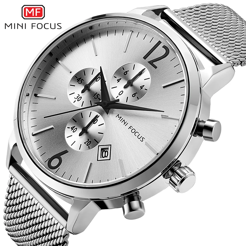 MINI FOCUS Men Classic Quartz Watches Stainless Steel Mesh Bracelet Chronograph Waterproof Wristwatch Man Relogios 0185G Silver