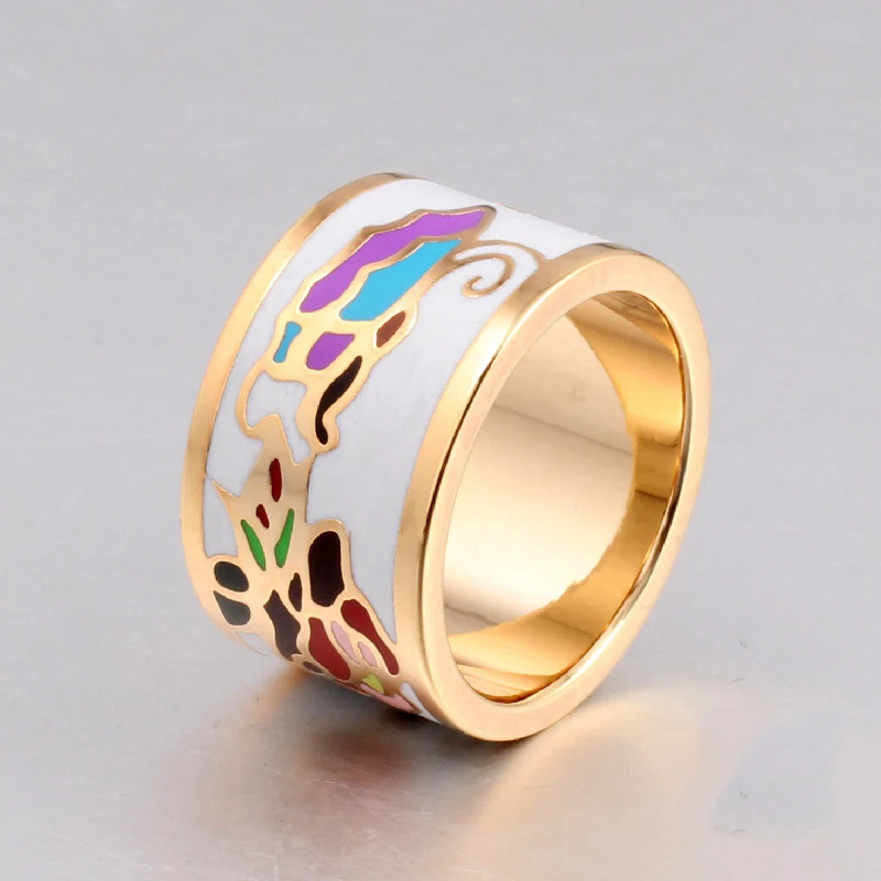 Stainless Steel Rings for Women Fashion Pretty Charm Big Enamel Rings 1.3cm Ethnic Vintage Style