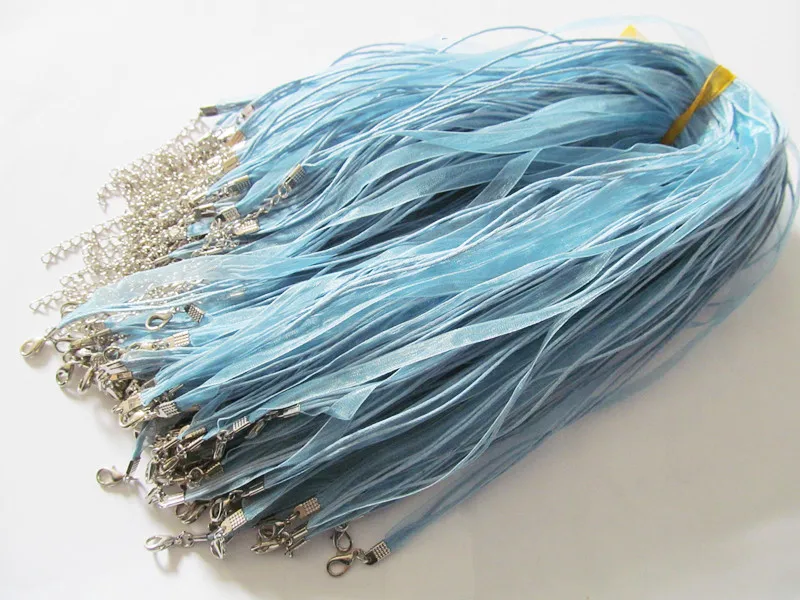 Free Shipping 50pcs 18inch Light Blue Organza Ribbon Wax Cotton Necklace Cord String,Extender Chain,Lobster Clasp,DIY Accessory