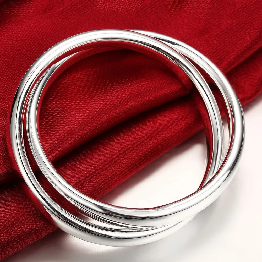 ANDARA Pure 925 Sterling Silver Two Round Circle Bracelets Bangles Women Men Fashion Jewelry Gift