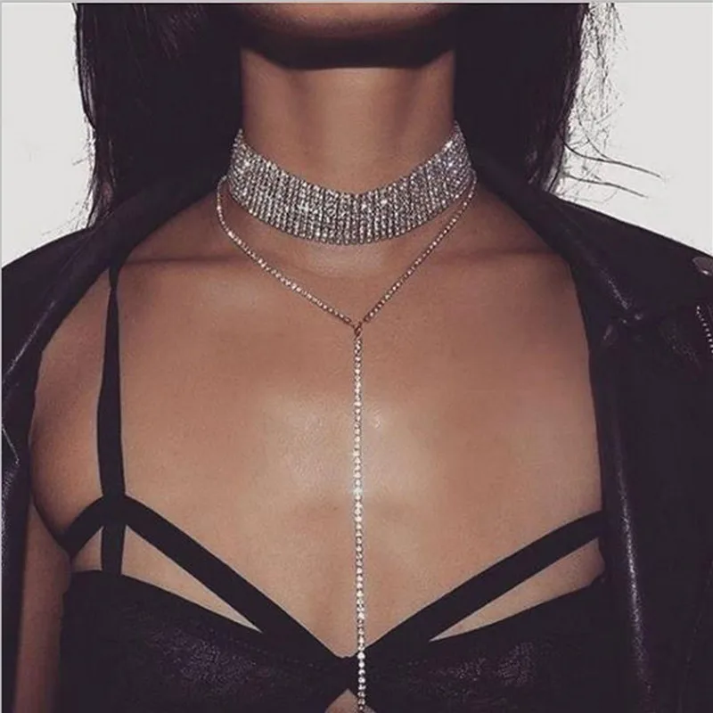 DIEZI 2024 Crystal Choker Necklace for Women Rhinestone Double-Strand Layered Long Necklaces Wedding Chokers Statement Jewelry