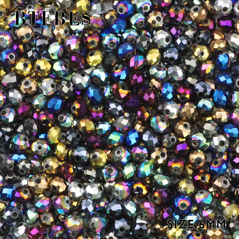 BTFBES 6mm Faceted Flat Round Austrian Crystals Loose Bead 50pcs Plating Glass Ball for Bracelets Jewelry Making DIY Accessories