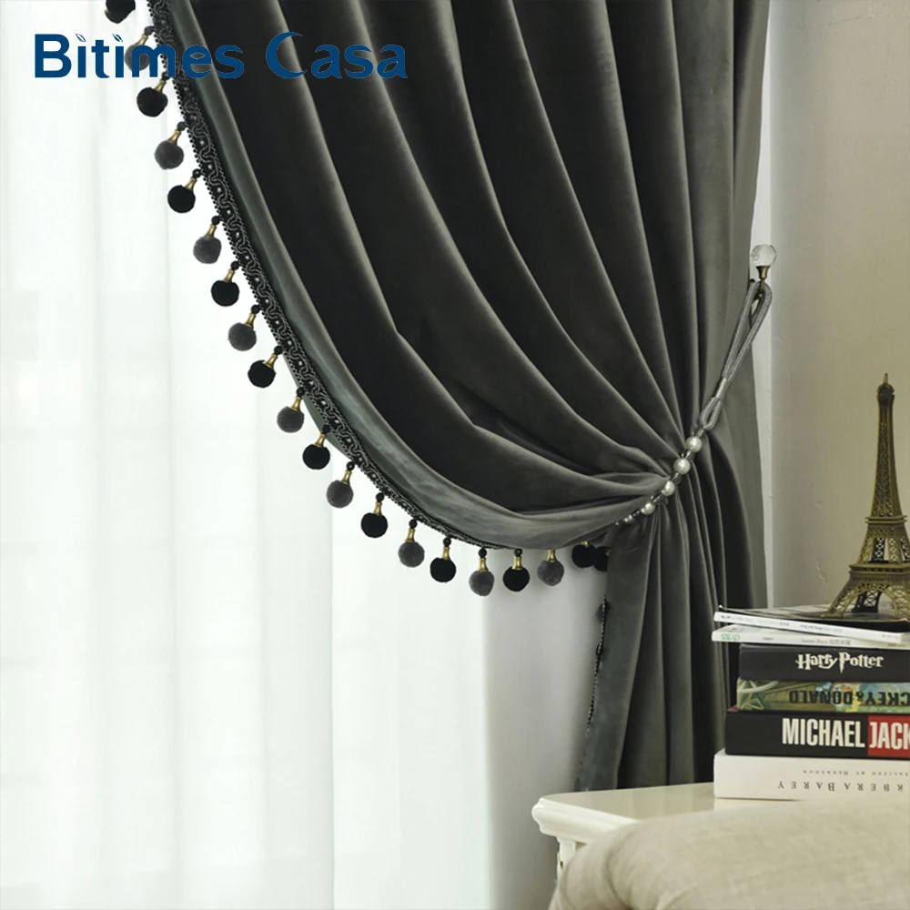 

Dark Grey Pompon Velvet Blackout Windows Curtain Drape Panel For Living Room Bedroom Interior Decoration Thermal Insulation