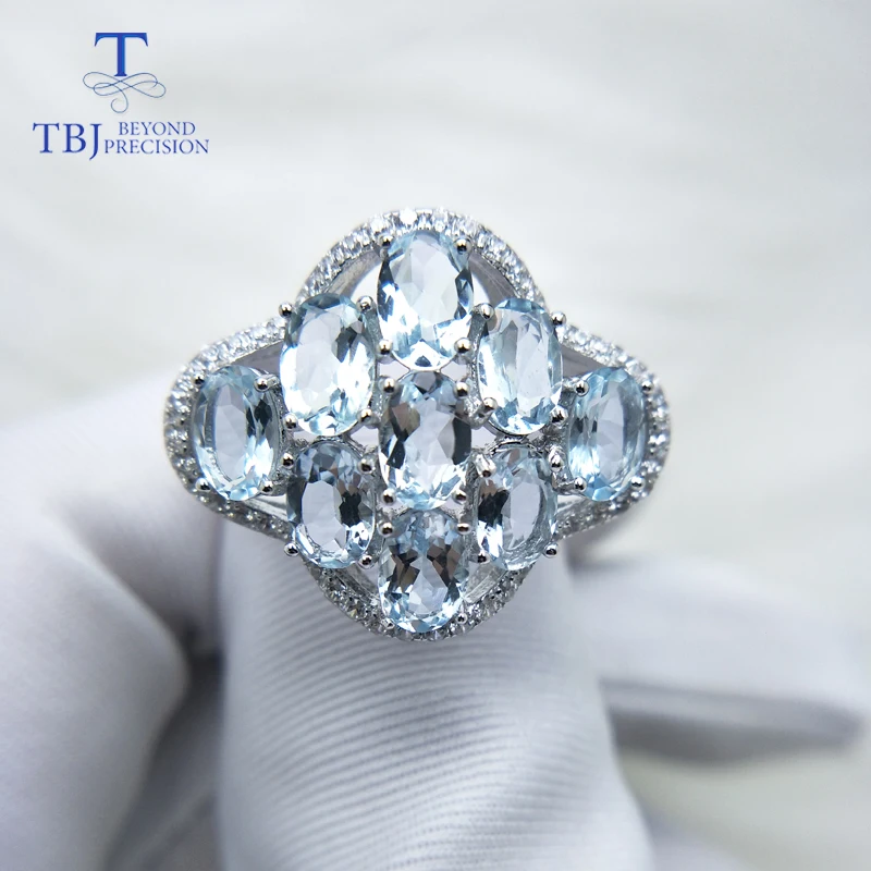 

TBJ,Noble and classic ring with natural good color Brazil aquamarine gemstone ring in 925 sterling silver for women as a gift