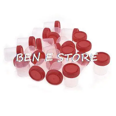 20PCS Home Clear Plastic Round Shape Urine Test Cups Bottle 60mL w Red Cover