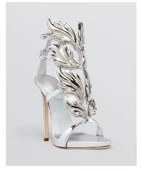 Novelty style women high heel sandals open-toe sandals for women gold leaf decoration silver sandals buckle strap banquet shoes