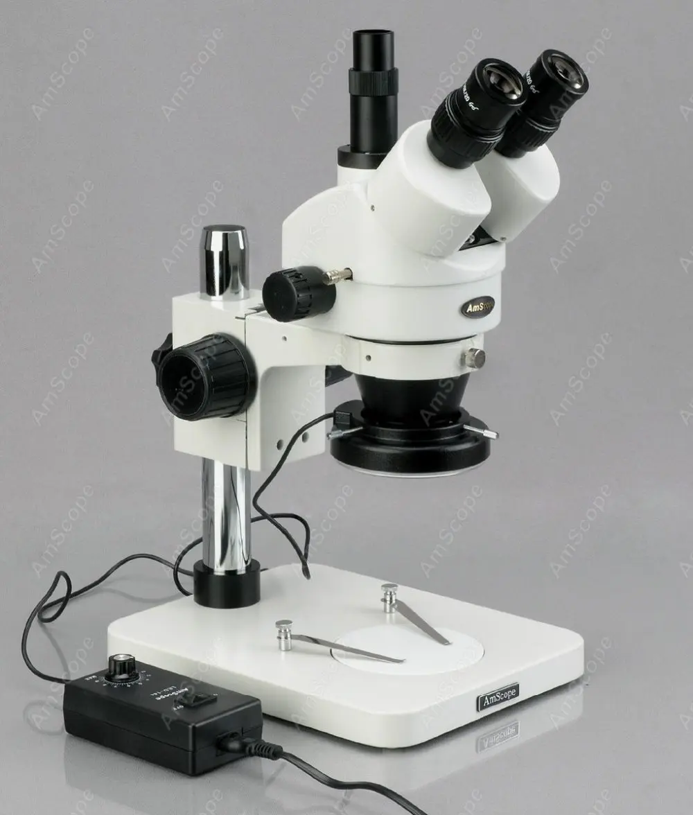 AmScope SM-1 Series Zoom Trinocular Stereo Microscope 7X-90X+ 144 LED Ring Light on Pillar Stand