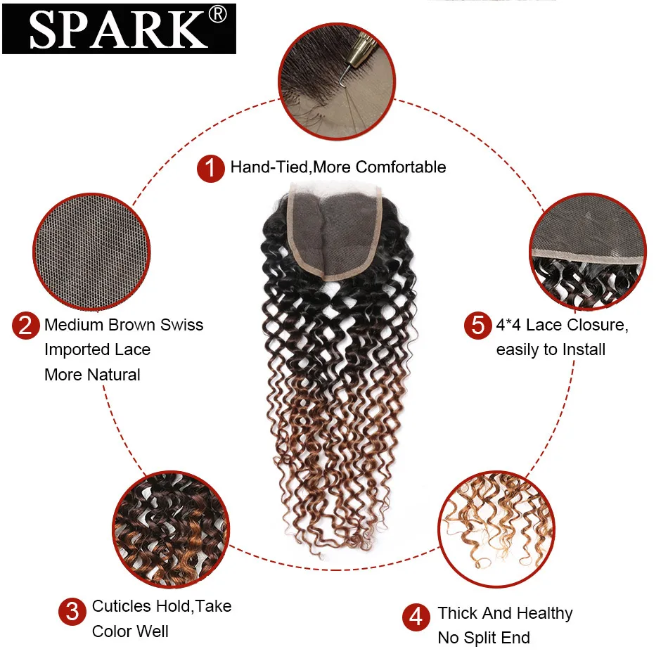 Spark-extensiones de cabello humano rizado, pelo brasileño con cierre de encaje de 8-22 pulgadas, Color 1B/30 y 1B/27, 1B/4/30 y 1B/4/27