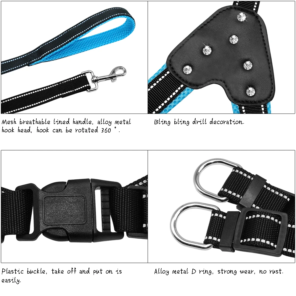 Reflective Nylon Rhinestone Dog Harnesses Step in Soft Mesh Padded Small Dog Puppy Harness Leash Set Safety For Walking S M L