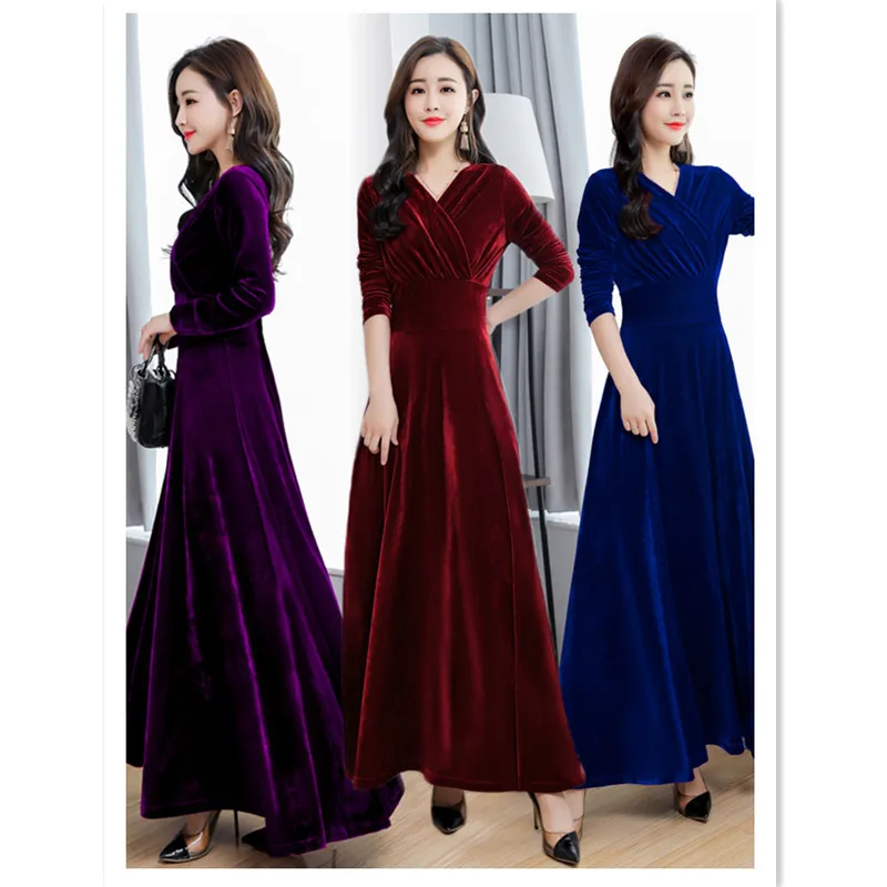 TIYIHAILEY Women's Stretch Velvet Maxi Dress, Long Draped Dresses, V-Neck, Plus Size, S-3XL, Spring, Autumn, New Fashion