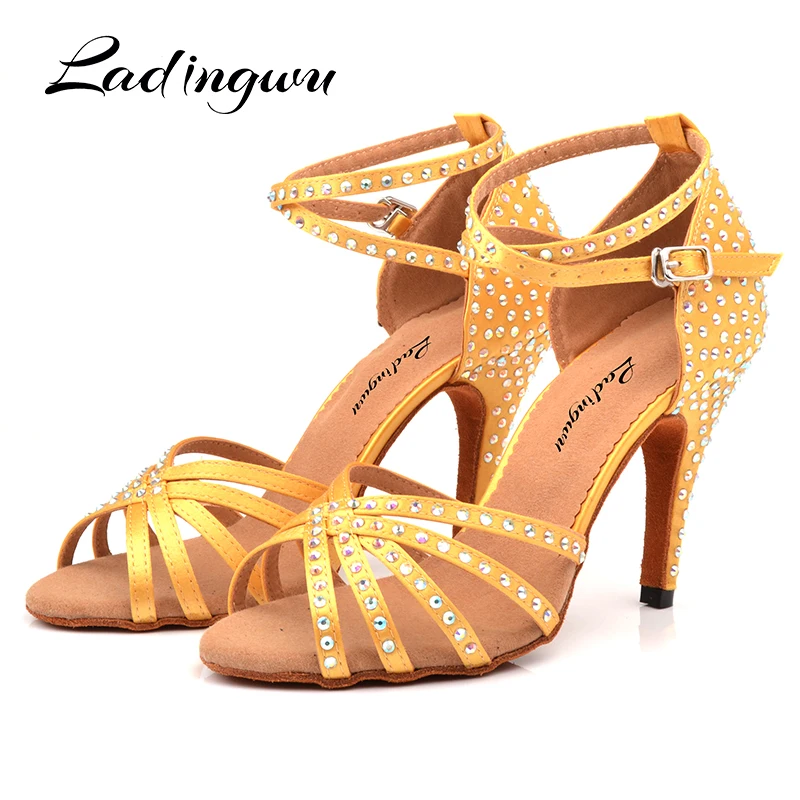 Ladingwu Classic Rhinestone Latin Dance Shoes Champagne Yellow Stain Salsa Ladies Dance Shoes Indoor Ballroom Soft Bottom Shoes