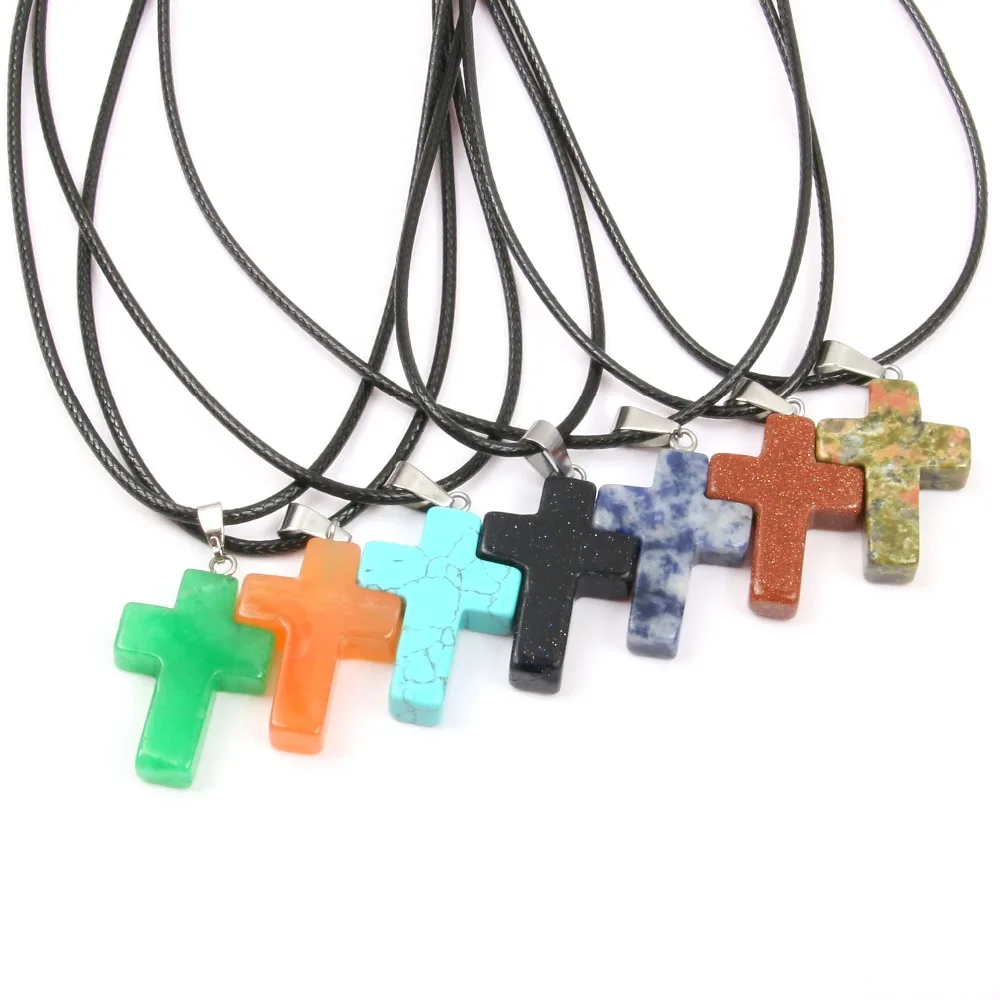 Natural Stone Necklace Blue Turquoise Cross Agate Pendant  Necklaces for Women Gifts Good Quality Wholesale