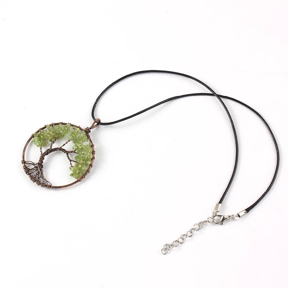 Handmade Tree Of Life Necklace For Women Men Natural Healing Crystal Green Olivine Quartz Peridot Stone Pendant Necklace Jewelry