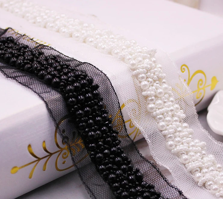 plastic pearl beads stitched mesh lace 4cm clothes collar bridal party dress decoration trimming ribbon tape DIY zakka handmade