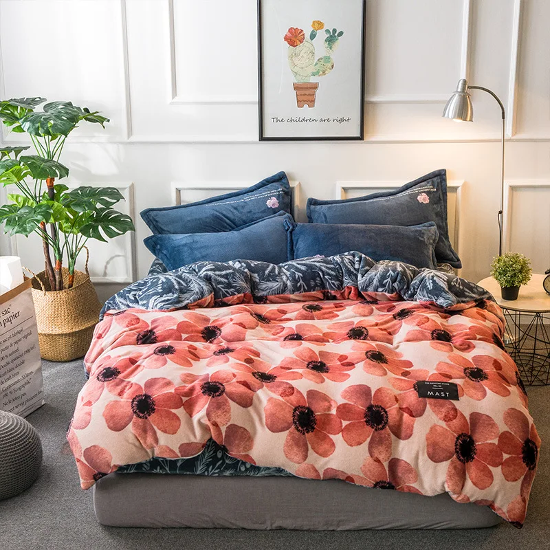 2018 Spring high quality and simple plant bedding set Flannel and Coral fleece bed linen duvet cover sets