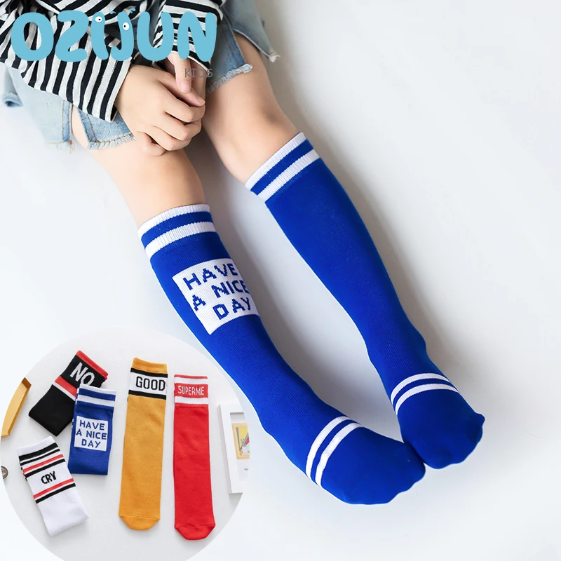 

New Arrivals Autumn Winter Children Knee-high Socks Letter Fashion Cotton Knee Socks Kids No Heel Socks One Size Red Blue Yellow