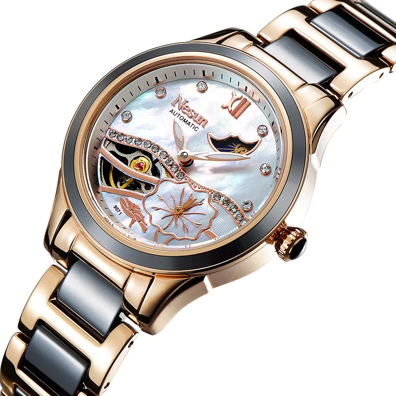 New Switzerland NESUN Luxury Brand Automatic Mechanical Women's Watches Waterproof Skeleton Diamond Moon Phase Watch N9071-2