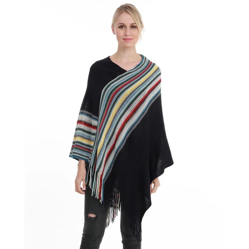 New Arrive Fashion Women Poncho Tassel Sweater Plaid Stripe Pulloer Knitted Women Sweaters And Pullovers