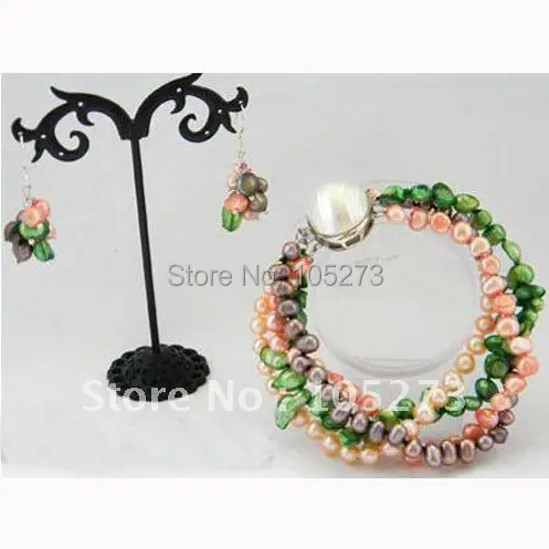 

3Row Green Pink Purple Freshwater Pearl Earring Bracelet Fashion Jewelry Set Pearl Jewelry Wholesale New Free Shipping FN1001