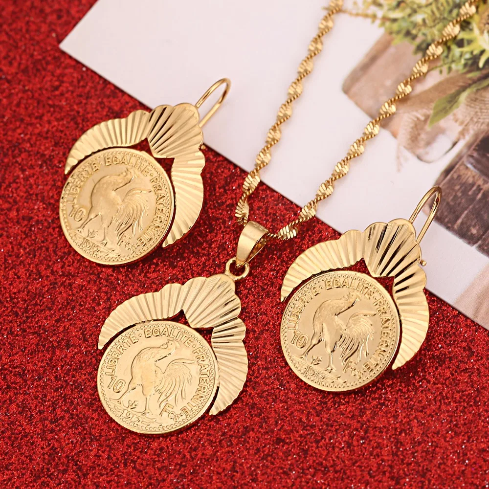 Old French Coin Liberte Egalite Fraternite Coin 1912 Jewelry Sets Gold Color Metal Coins Women