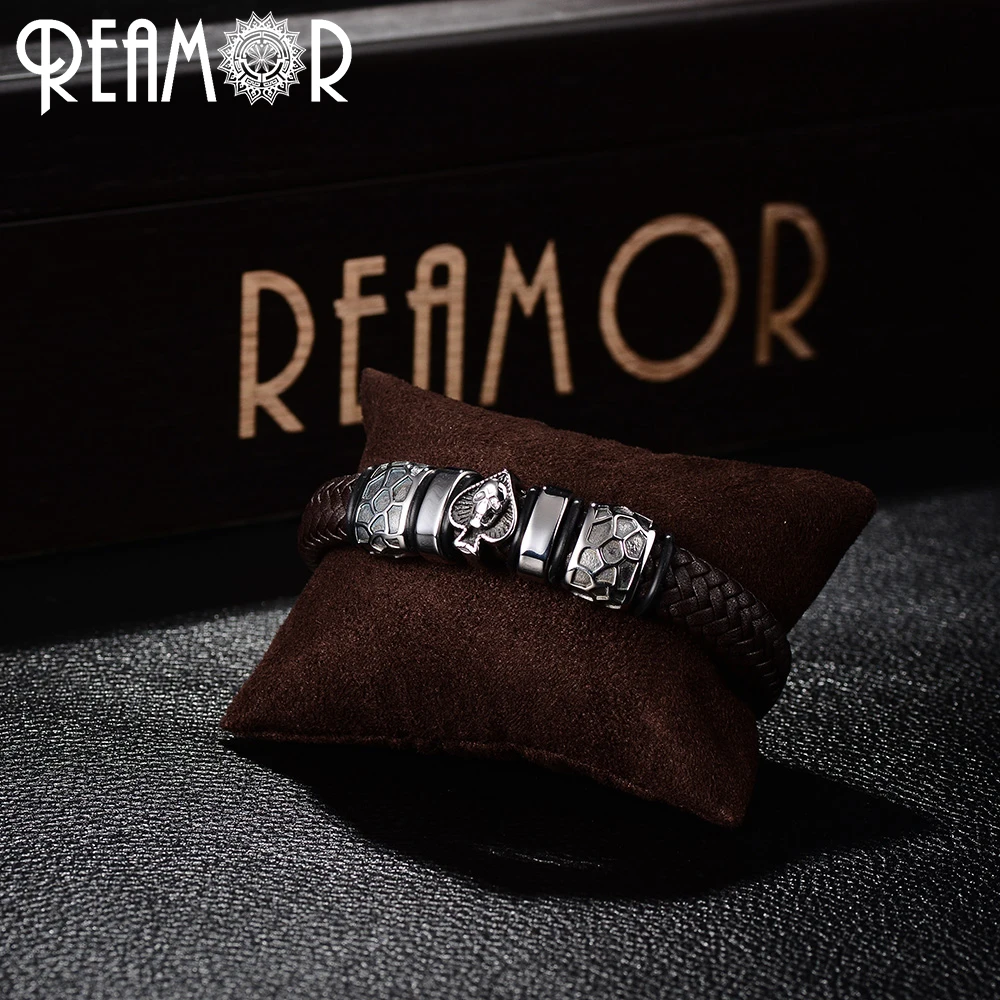 REAMOR Punk Style Bangle 316L Stainless Steel Spades Skull Head Charms Trendy Male Bracelet Black Wide Braided Leather Bracelets