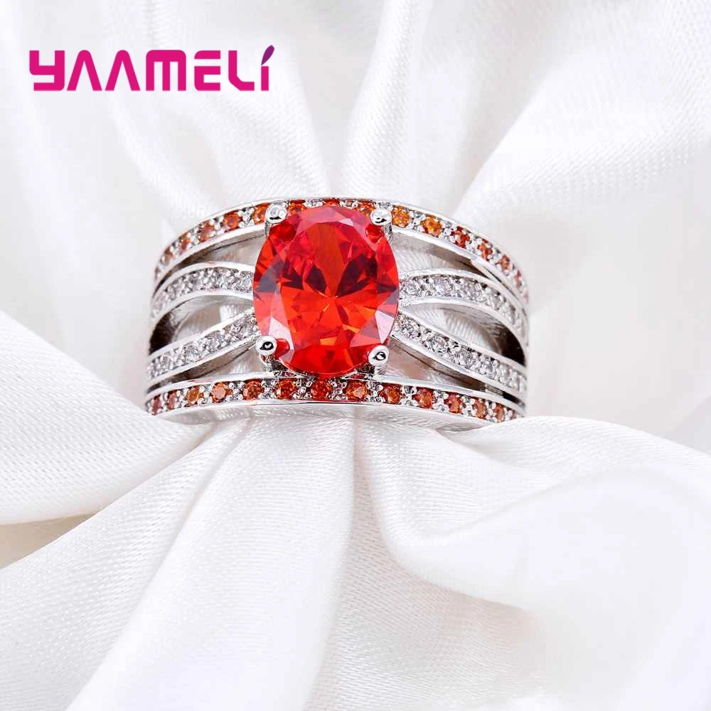 Elegant Charming Style Red Round Crystal Stone Ring Geometric Party Ceremony  Accessories 925 Sterling Silver For Women